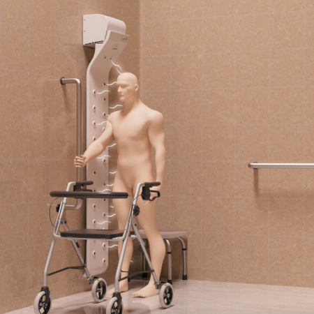 Mit Rollator vor dem Körpertrokner